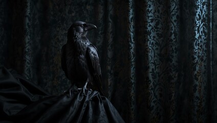 Wall Mural - Black raven with a dramatic fabric backdrop, evoking mystery.