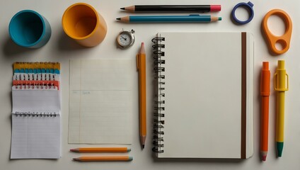 Blank notebook with assorted stationery on a white backdrop.