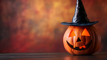 Wall Mural - Halloween background with pumpkin wearing a witch with copy space for text