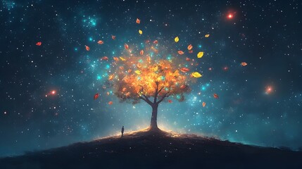 Leinwandbilder - Glowing Ethereal Tree with Floating Multicolored Leaves in Starry Sky