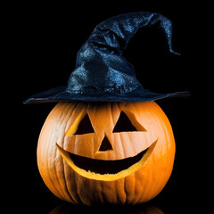 Wall Mural - Halloween pumpkin wearing a witch hat isolated on black background