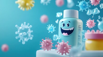 A playful illustration featuring a smiling bottle with germs, emphasizing cleanliness and hygiene.