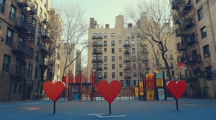 Canvas Print - A playground scene featuring three large red heart sculptures in an urban setting.