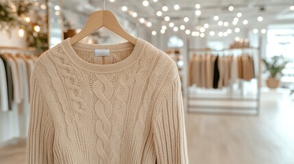 Close-up of a beige cardigan hanging on hangers in a store, surrounded by blurred warm-toned fashion displays for an inviting shopping experience