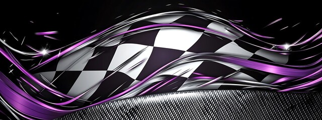 Abstract checkered flag design with purple metallic swirls and a textured background.