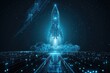 © P - A wireframe hologram of a rocket in the sky, depicted with glowing blue lines and white dots that represent its digital structure.. AI