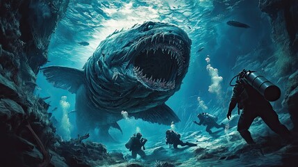 Canvas Print - Divers Encountering a Giant Fanged Fish in a Deep Sea Cave