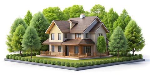 Three dimensional house building isolated on white background with trees and greenery Long Shot