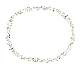 Watercolor Christmas wreath oval frame with various traditional colorful holiday nature elements and copy space isolated on white background. Hand drawn illustration sketch