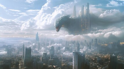 Wall Mural - A colossal, dragon-like creature emerges from the clouds above a futuristic cityscape