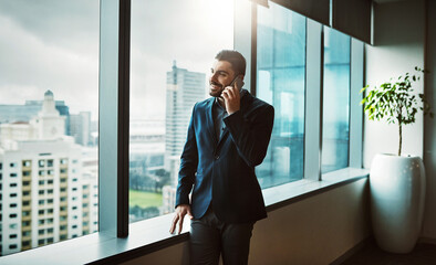Aufkleber - Office, discussion and businessman by window for phone call, thinking and networking with client for court case. Career, male person and lawyer with mobile for justice, legal advice and corporate law