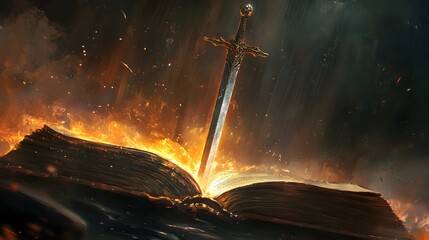 2. **Illustrate a striking concept where a sword emerges from the pages of a Bible, symbolizing the power of faith. Surround the sword with ethereal light and elements that convey strength and