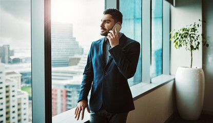 Aufkleber - Office, listening and businessman by window for phone call, thinking and networking with client for court case. Career, male person and lawyer with mobile for justice, legal advice and corporate law