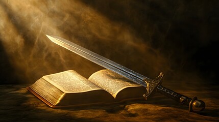 3. **Depict a powerful scene featuring a sword resting on an open Bible, with rays of light illuminating both. The background should evoke a sense of divine purpose and inspiration, emphasizing the