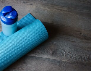 Rolled blue yoga mat and blue water bottle on grey wooden surface.