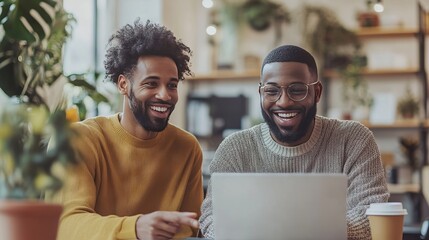 Two Colleagues Discussing Work at Laptop in Office
