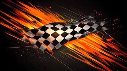 Poster - Checkered racing flag with flames and speed lines on dark background.
