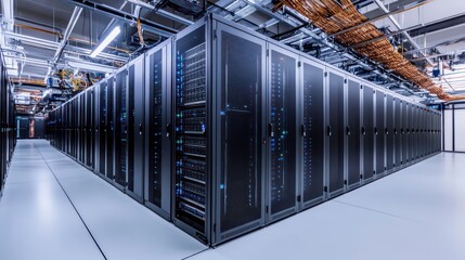 Poster - A row of black server racks in a data center.