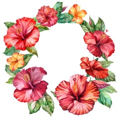 Wall Mural - Vibrant Hibiscus Floral Wreath with Green Leaves on White Background