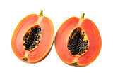 Fresh halved papaya isolated on a transparent or white background.