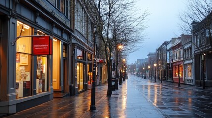 Poster - A quiet, rainy street lined with shops and trees, evoking a calm urban atmosphere.