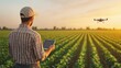 © Enjoy - farmer uses tablet to control drone over lush green field at sunset, showcasing modern agricultural technology and innovation.