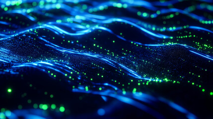 Abstract glowing wave pattern with blue and green particles representing digital data flow, futuristic technology, and energy transmission on dark background