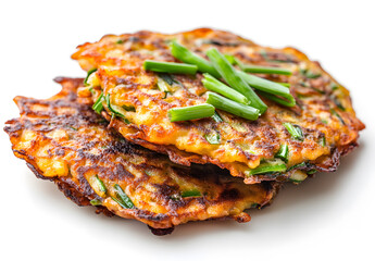 Wall Mural - Crispy vegetable pancakes garnished with scallions isolated on white background