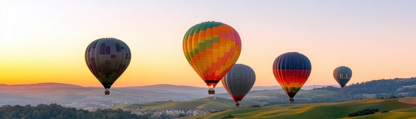 A beautiful scene of colorful hot air balloons soaring over rolling hills at sunrise, creating a serene and picturesque landscape.