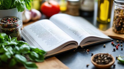 Canvas Print - A recipe book surrounded by fresh ingredients and spices on a kitchen countertop.