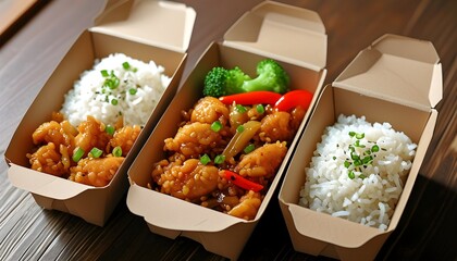 Delicious Stir-Fried Chicken and Rice in Vibrant Chinese Takeout Boxes