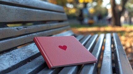 Sticker - A red book with a heart symbol resting on a bench surrounded by autumn leaves.