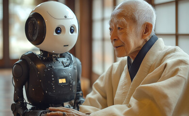 humanoid AI robot assists old senior woman in her household. serving drink and food, replacing human caregiver