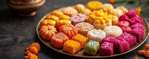 A vibrant assortment of traditional sweets beautifully arranged on a decorative plate, showcasing colorful and intricate designs.