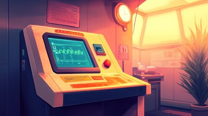 A retro control panel with a screen displaying data, set in a warm, modern environment.