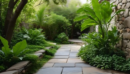 Wall Mural - Serene Backyard Retreat Featuring Stone Pathways and Vibrant Greenery