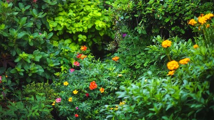  Serene Lush Botanical Garden with Diverse Green Foliage and Blooming Flowers, Natural and Tranquil Setting