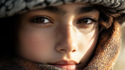 Wall Mural - A close-up portrait of a young person wearing a stylish hat and headscarf with soft natural light highlighting the texture and patterns