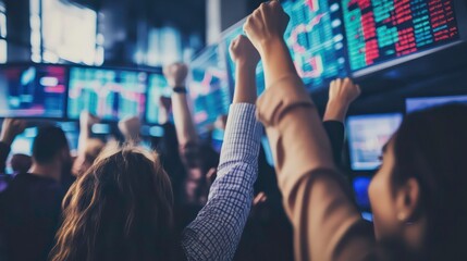 Poster - People celebrate a successful stock market trade, cheering and raising their fists in front of a screen with glowing numbers.