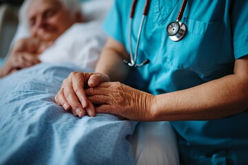 Unrecognizable nurse checking heartbeat of recovering senior patient with stethoscope in hospital ward, Generative AI