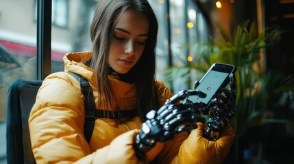 Sticker - Woman with prosthetic arm using a phone