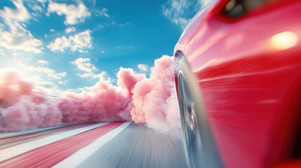 Wall Mural - A sleek sports car accelerating on a race track, leaving a trail of smoke behind.