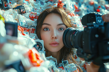 Wall Mural - A social media influencer taking selfies on a mountain of makeup, with a camera crew struggling to keep up as they dramatically change poses.