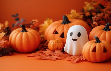 A cheerful ghost stands among bright pumpkins and colorful autumn leaves for Halloween