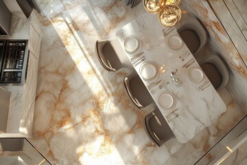 Luxurious marble kitchen interior with a dining table set for six.