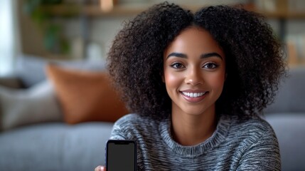 Canvas Print - Smiling Woman Holding a Smartphone