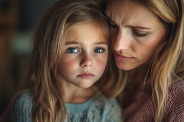 Wall Mural - Upset little girl crying while caring mother is consoling her, Generative AI