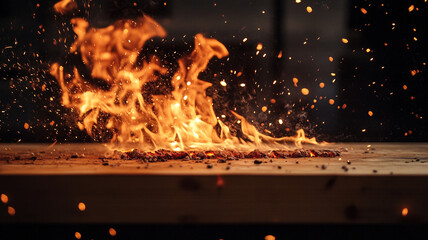 Dynamic flames erupt from a wooden surface during a cooking demonstration in a warmly lit kitchen