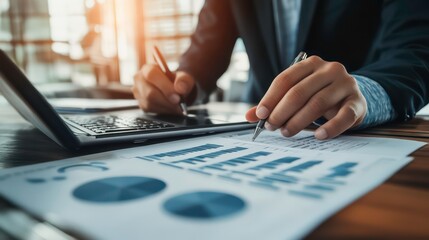 Aufkleber - Businessman analyzing financial data on a laptop and charts.