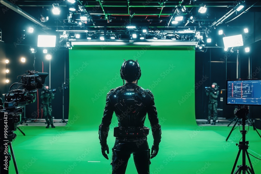 A film actor wearing a motion capture robot suit on a film set ...